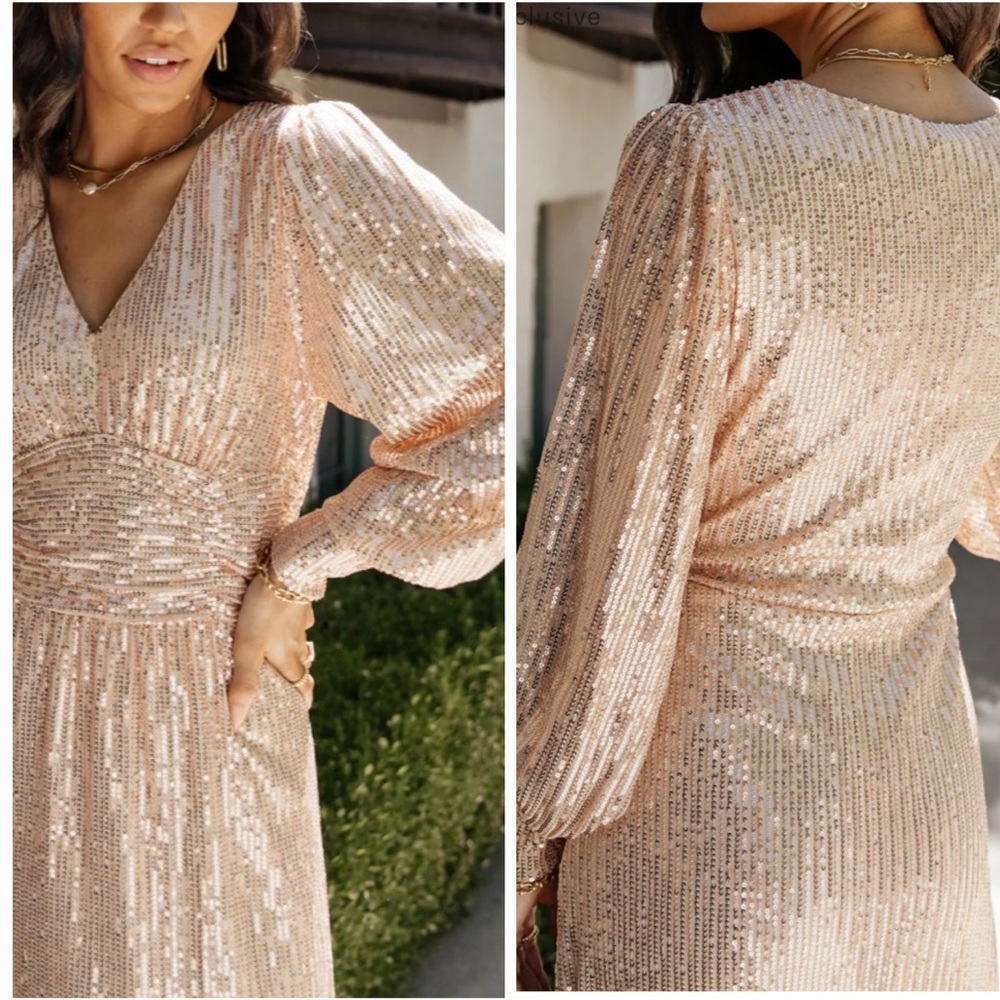 Champagne Sequin Long Sleeve Formal Maxi Dress - Picture 2 of 2